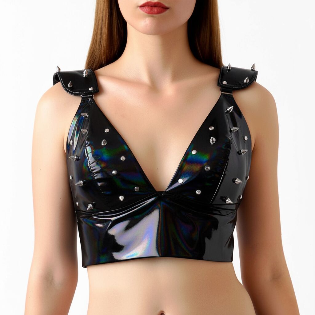 Art of Sex - Mistress Lacquered Vinyl Spike Bra, Black with Holographic Effect, Size M