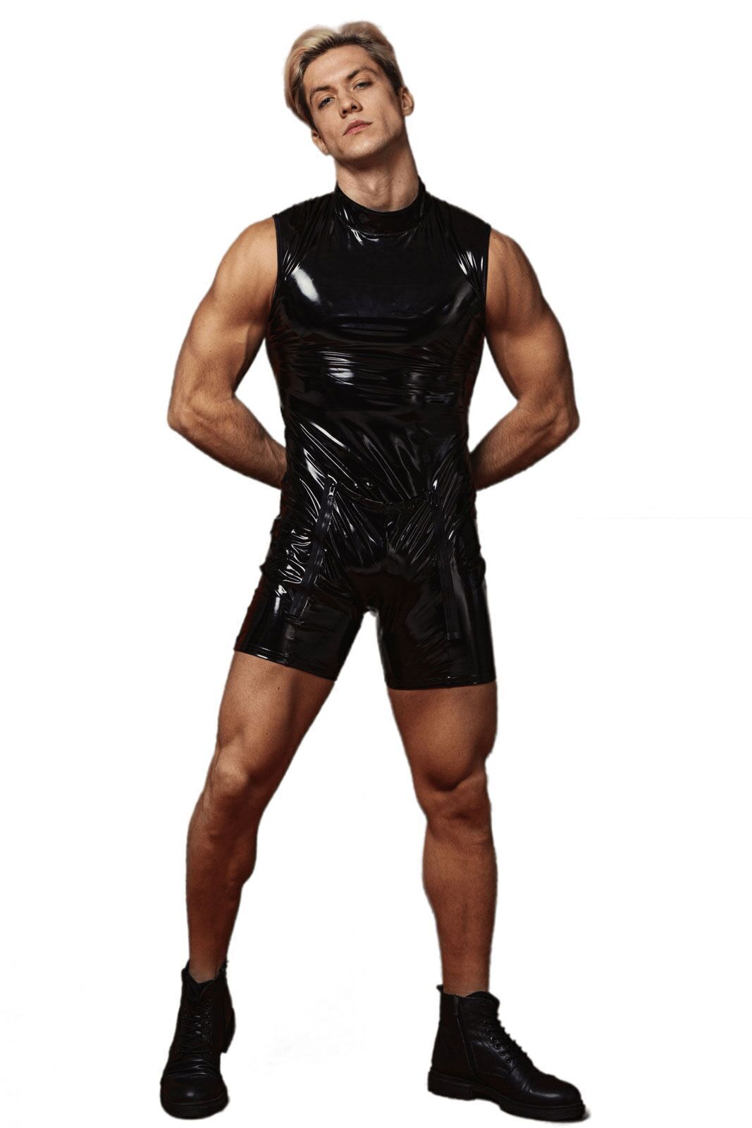 Men's Patent Leather Bodysuit "Lewd Joe" D&A, black, L, open buttocks, convenient zippers