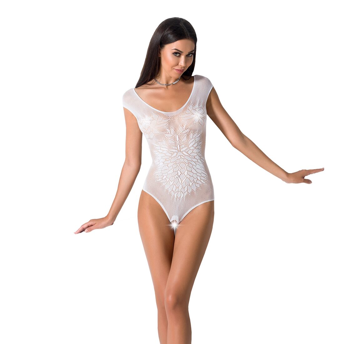 Bodystocking Passion BS064 One Size, White, bodysuit, closed shoulder, open access