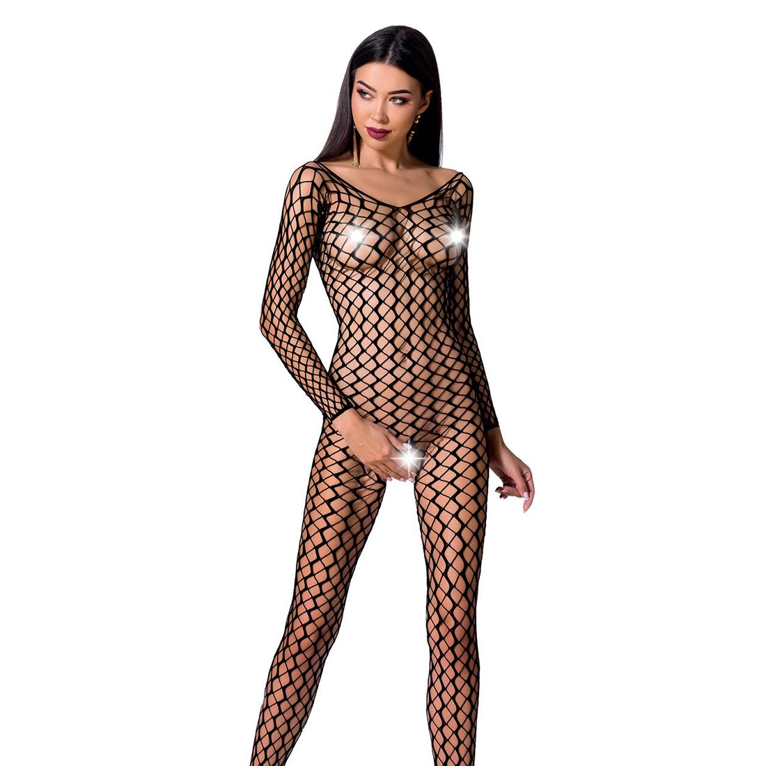 Bodystocking Passion BS068 black, catsuit, large fishnet, long sleeve