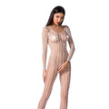 Bodystocking Passion BS068 white, bodysuit, large mesh, long sleeve