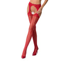 Fishnet Stockings Passion S018 One Size, Red, imitation garter belt, vertical stripe mesh