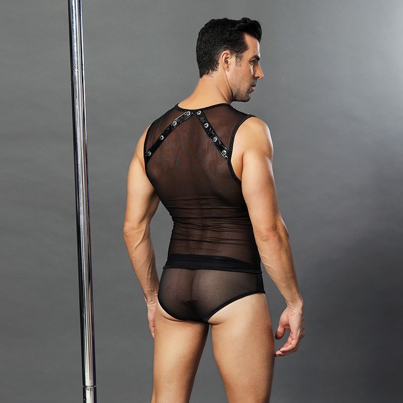 Men's Erotic Costume "Romantic Steven" One Size Black: sheer briefs and tank top