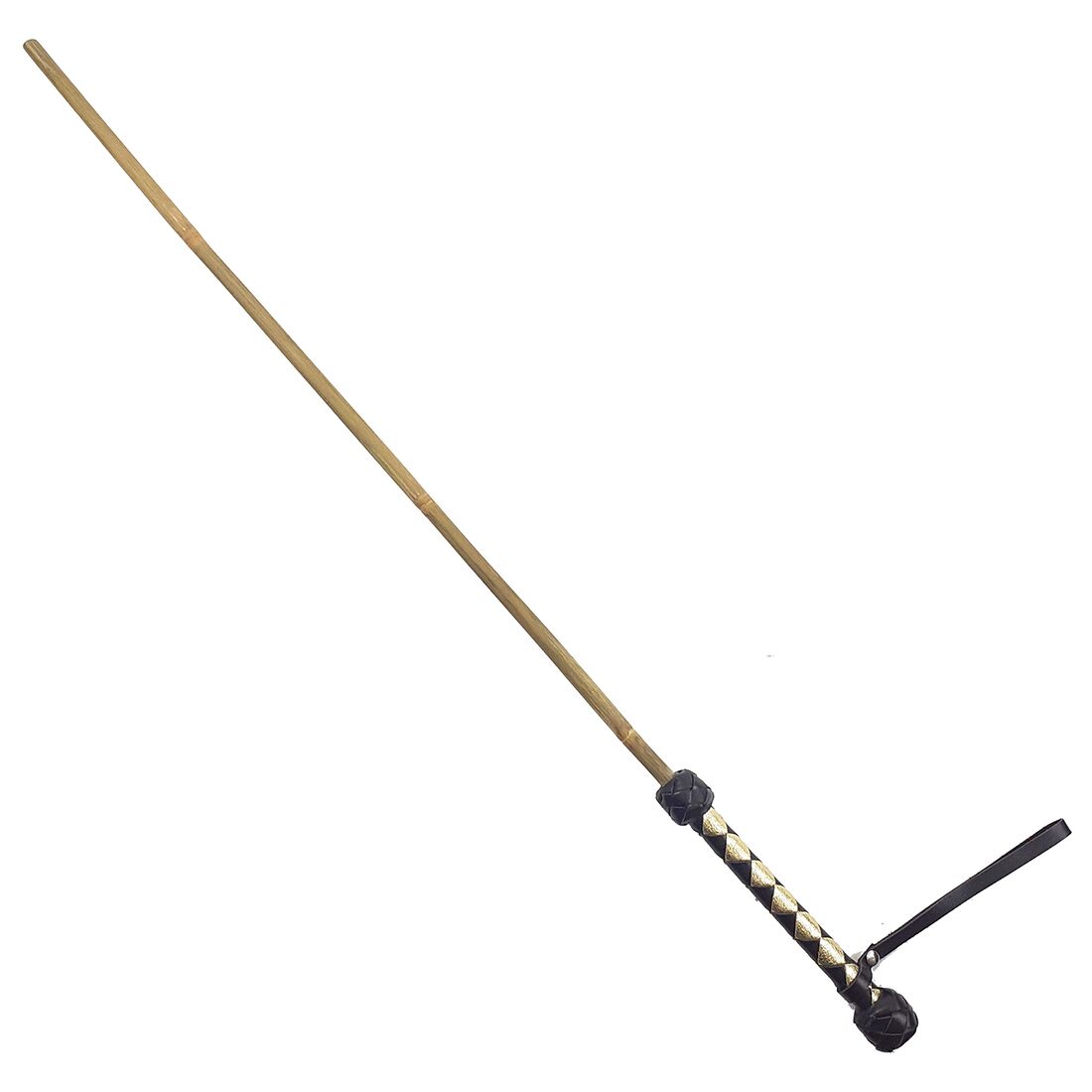 Bamboo walking stick 75 cm, natural leather handle, black and gold