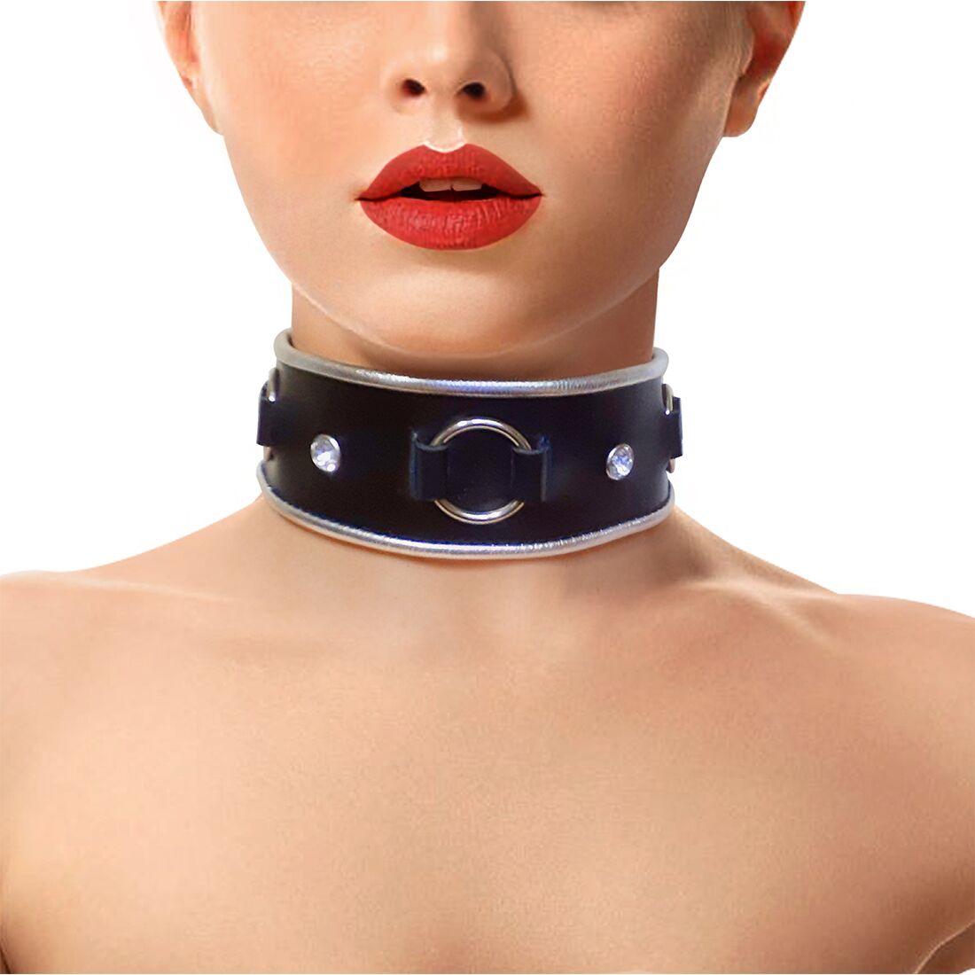 Genuine Leather Collar with Rhinestones and Ring Art of Sex - Collar Ring
