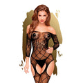 Bodystocking with Open Shoulder and Floral-Geometric Ornament Penthouse - Top-Notch Black