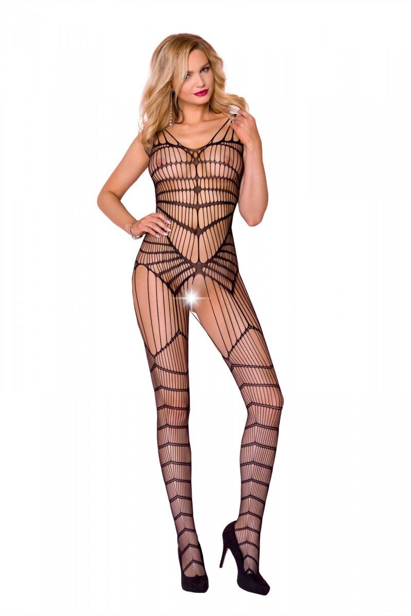 Black openwork bodystocking with complex vertical weave Casmir CA004