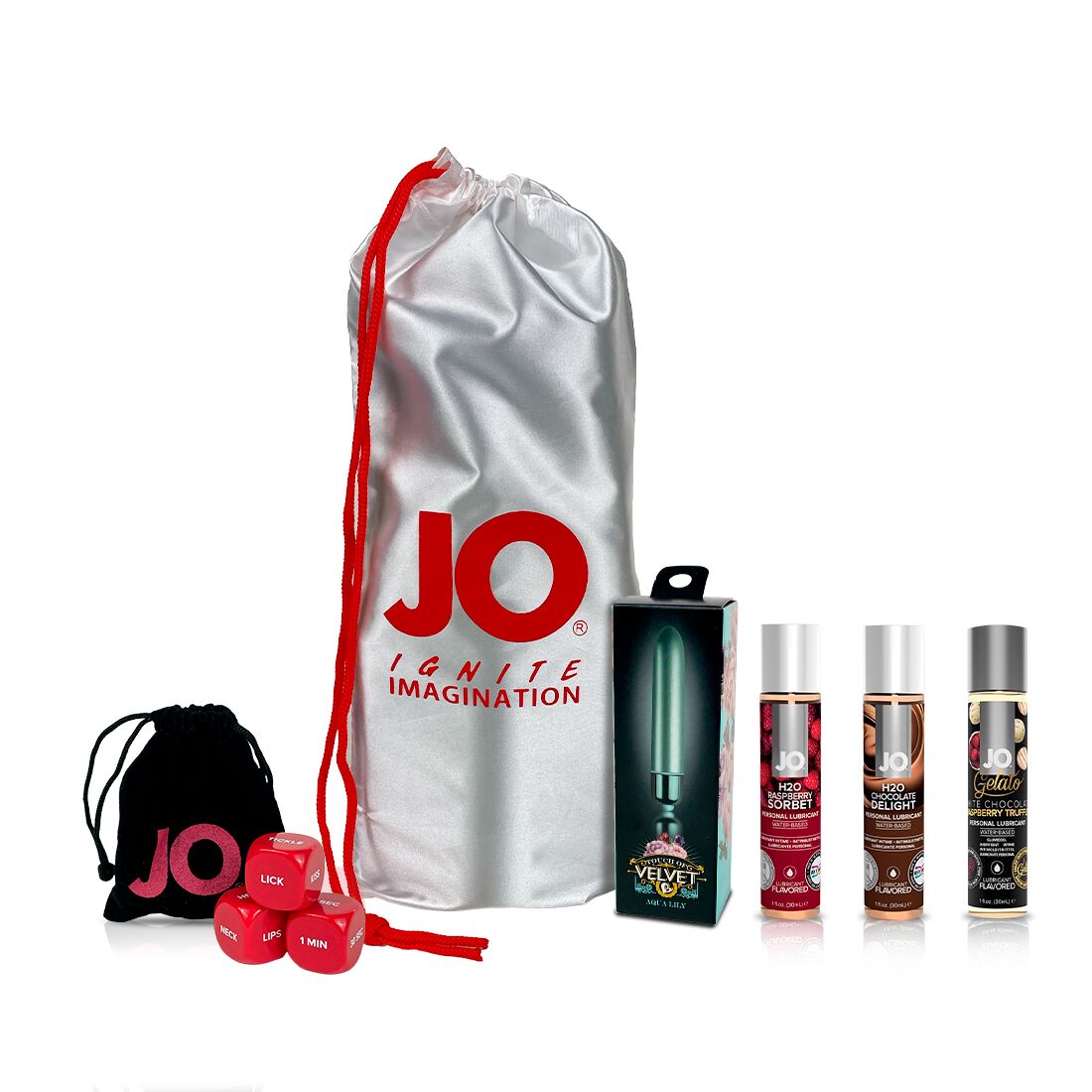 "Raspberry Paradise" kit, 3 System JO flavored lubricants, Rocks Off vibrator, System JO cubes
