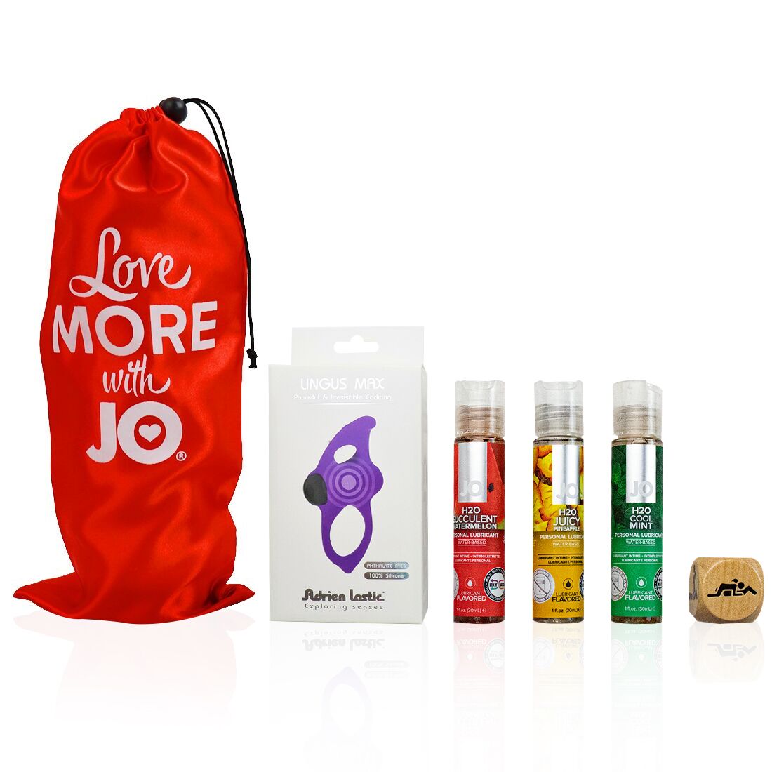 "Devil's Cherry" Set for Two: 3 flavored System JO lubricants, a vibrating ring, and a sex dice