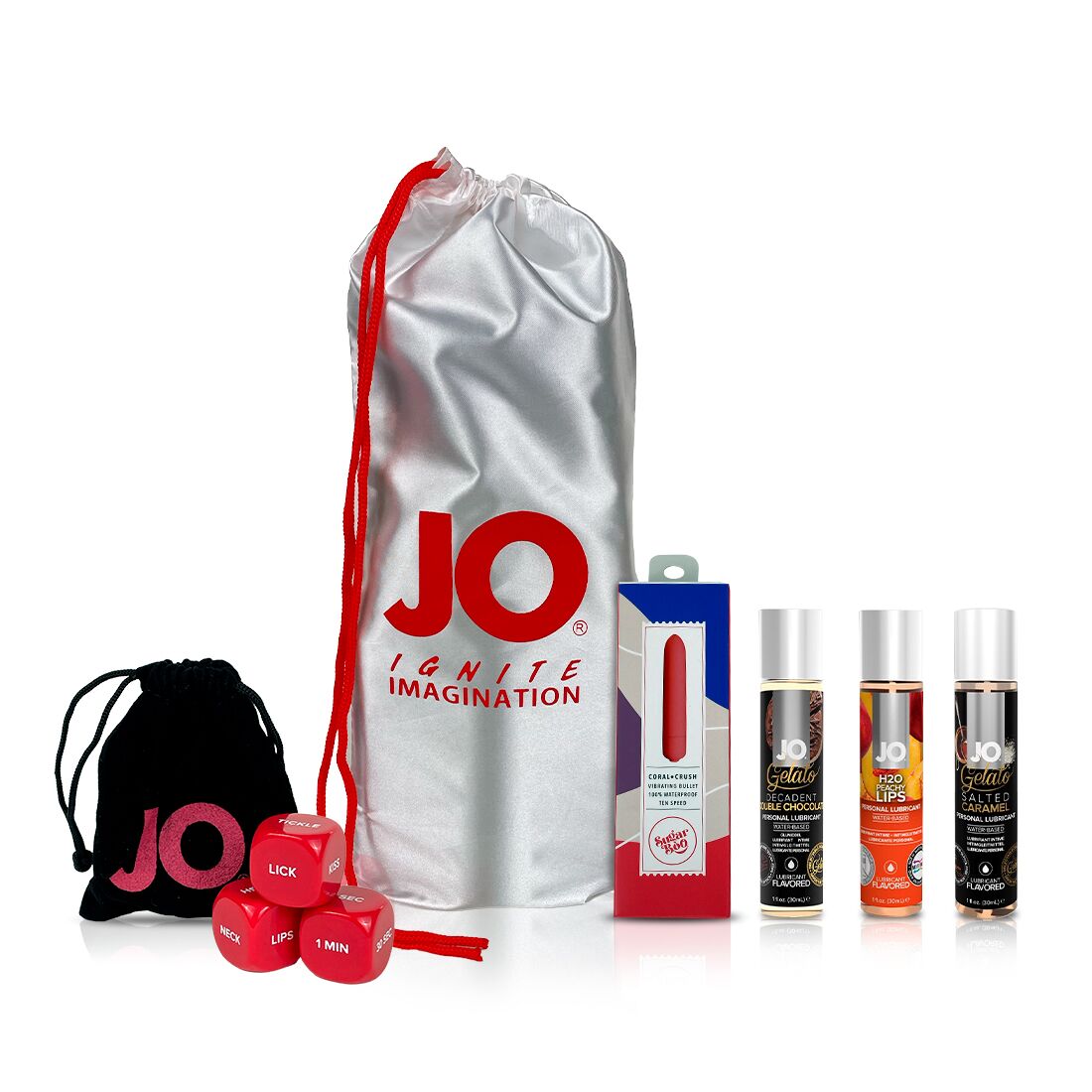 "Peach Dessert" set, 3 System JO flavored lubricants, SugarBoo vibrating bullet, System JO dice