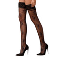 Passion ST119 3/4 black stockings, openwork silicone band with floral decoration and lurex thread