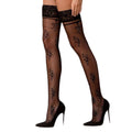 Stockings Passion ST119 5 black on an openwork silicone band with floral decor and lurex thread