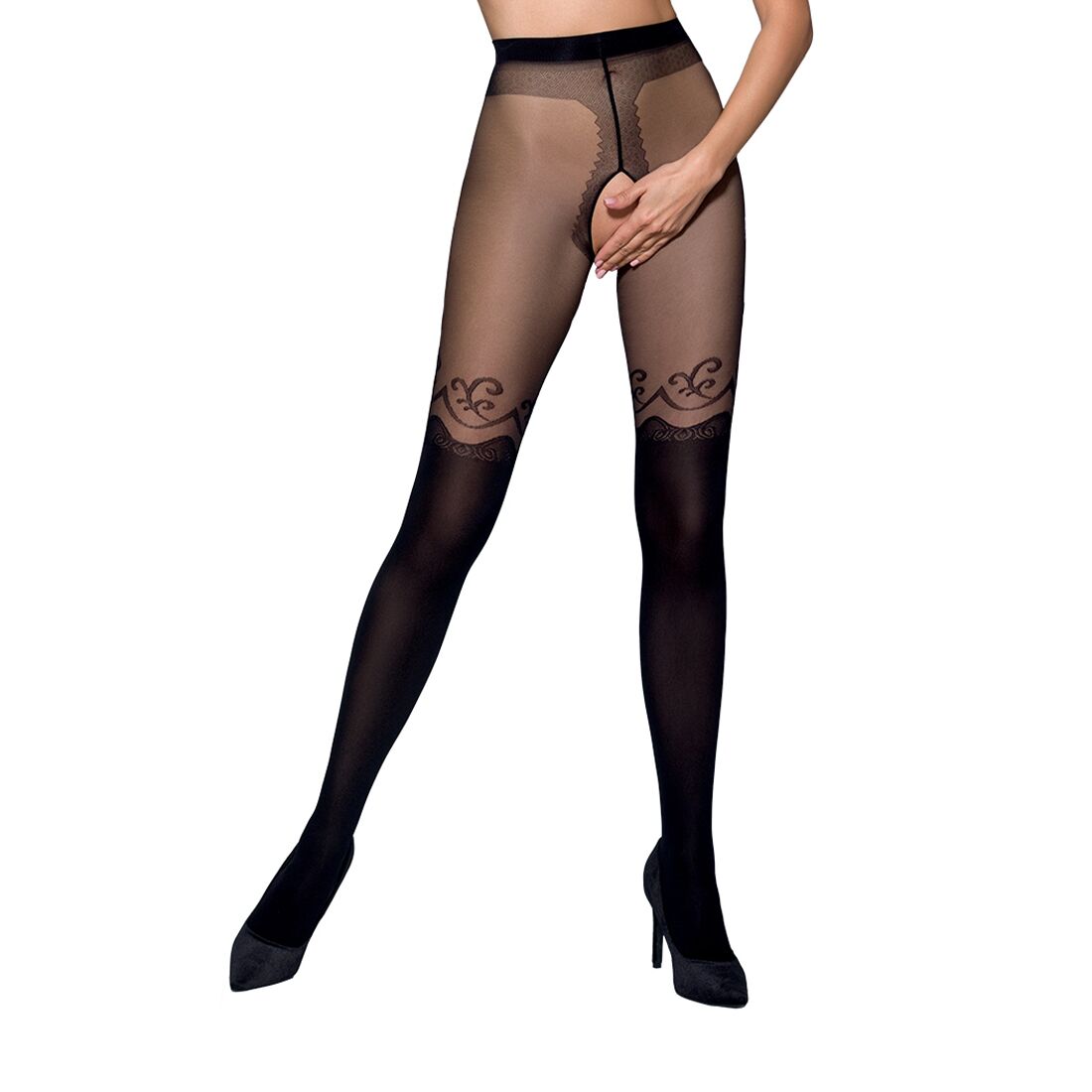 Open crotch tights, double denier Passion TIOPEN 012 3/4 (20/40 den), black