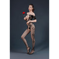 Body stocking with access Moonlight Model 10 XS-L Black, imitation lacing, floral decor, open crotch