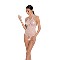 Bodystocking large fishnet Passion BS087 white, open back, halter, with crotch opening