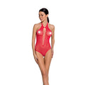 Bodystocking with neckline Passion BS088 red, imitation corset lacing