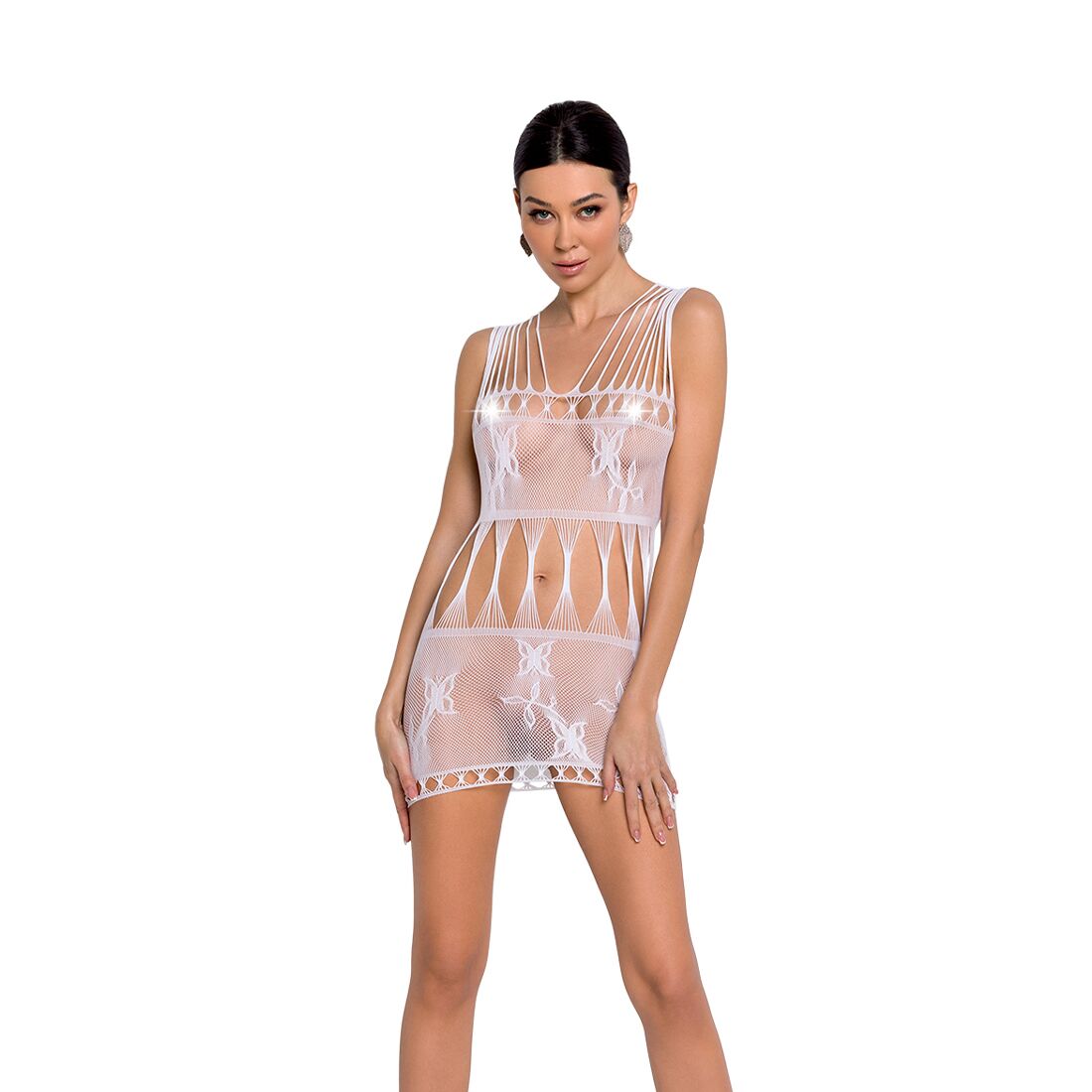 Bodystocking mini-dress with butterflies Passion BS090 One Size white