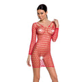 Bodystocking dress with deep collar Passion BS093 red, long sleeves