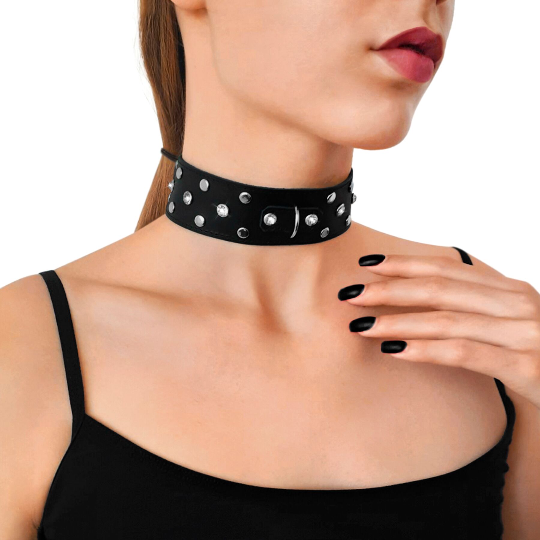 Genuine Leather Collar with Studs and Rhinestones Art of Sex - Jenna Collar, Black