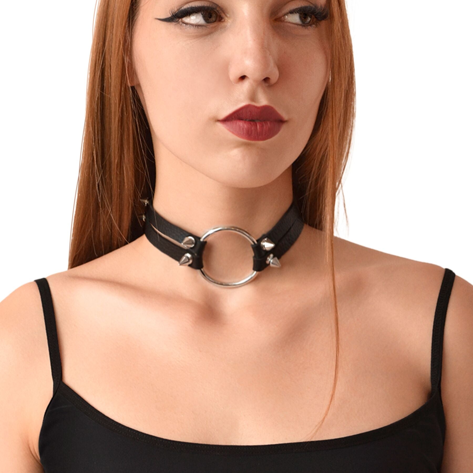 Choker with metal ring and spikes made of genuine leather Art of Sex - Ruby, color Black