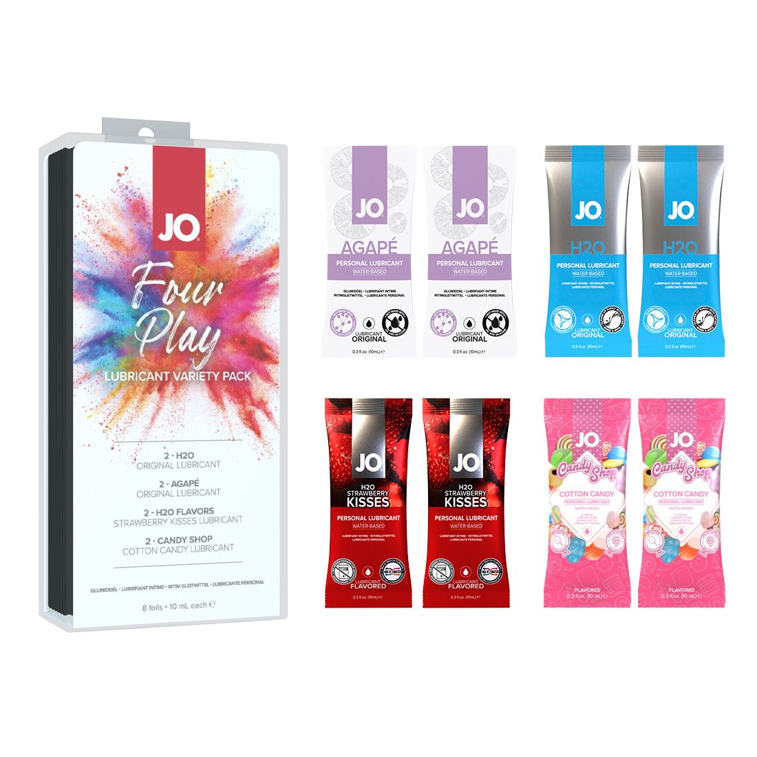JO Four Play Water-Based Lubricant Set (8×10 ml): H2O Original, Agapé Original, H2O Strawberry K