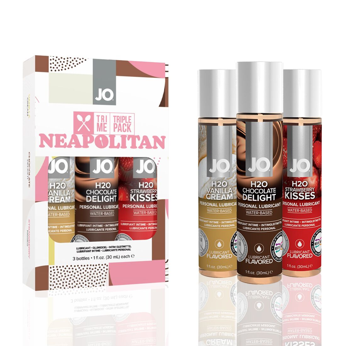 JO Tri-Me Triple Pack - Neapolitan (3x30ml) three different flavors of oral lubricants