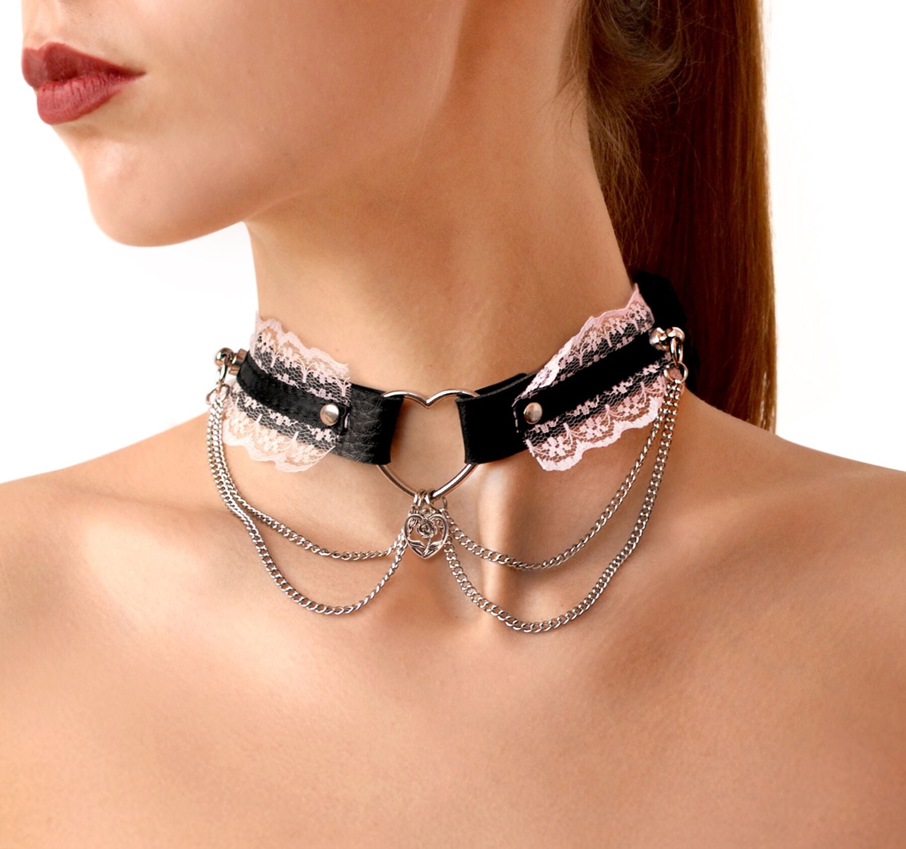 Sexual choker Art of Sex - Karen made of genuine leather, Black and pink