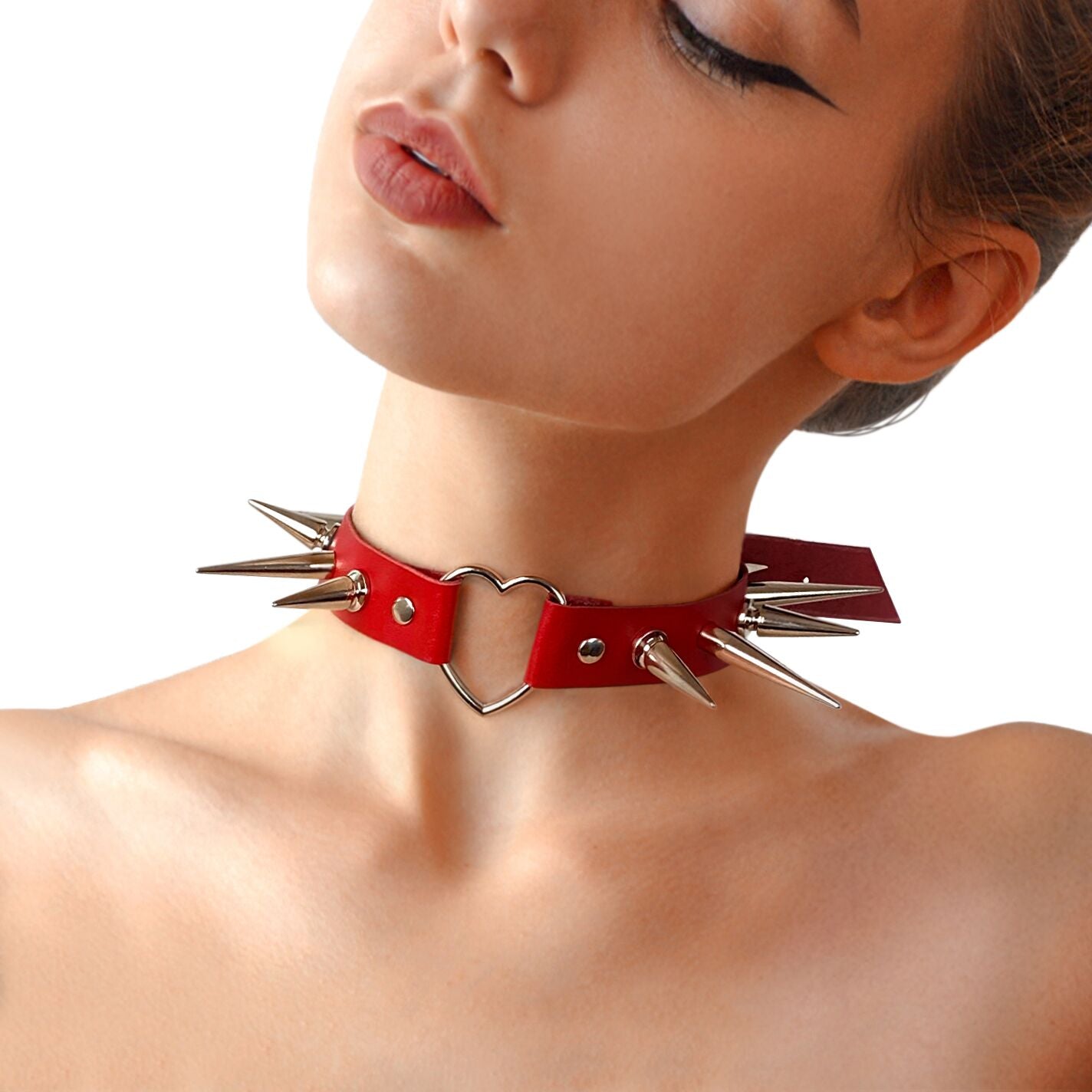 Art of Sex - Crystal Red Leather Choker with Large Spikes