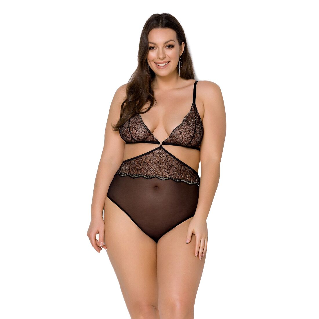 Bodysuit Passion AMBERLY BODY 4XL/5XL black, asymmetric cut, lace bust, gold thread