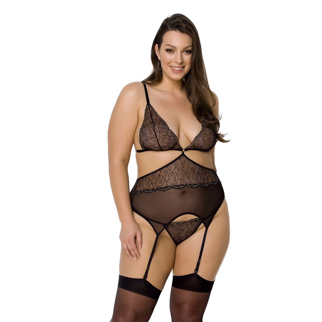 Corset with garters Passion AMBERLY CORSET 6XL/7XL, black, asymmetrical cut, lace, thong