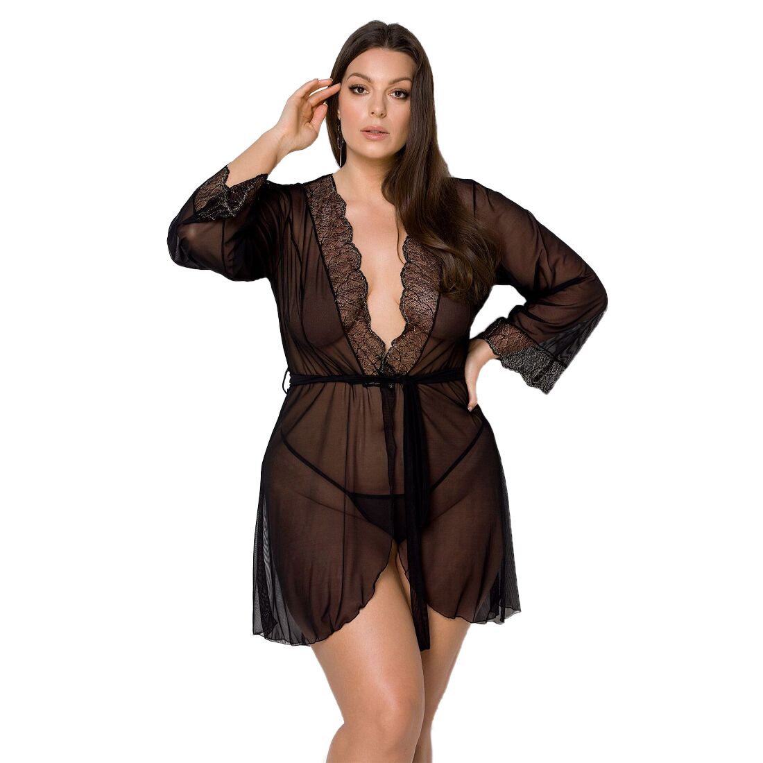 Peignoir Passion AMBERLY PEIGNOIR 4XL/5XL, black, openwork neckline and cuffs, wide sleeves