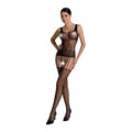 Bodystocking Passion ECO BS001 One Size black, with open crotch, suspender imitation, floral decoration