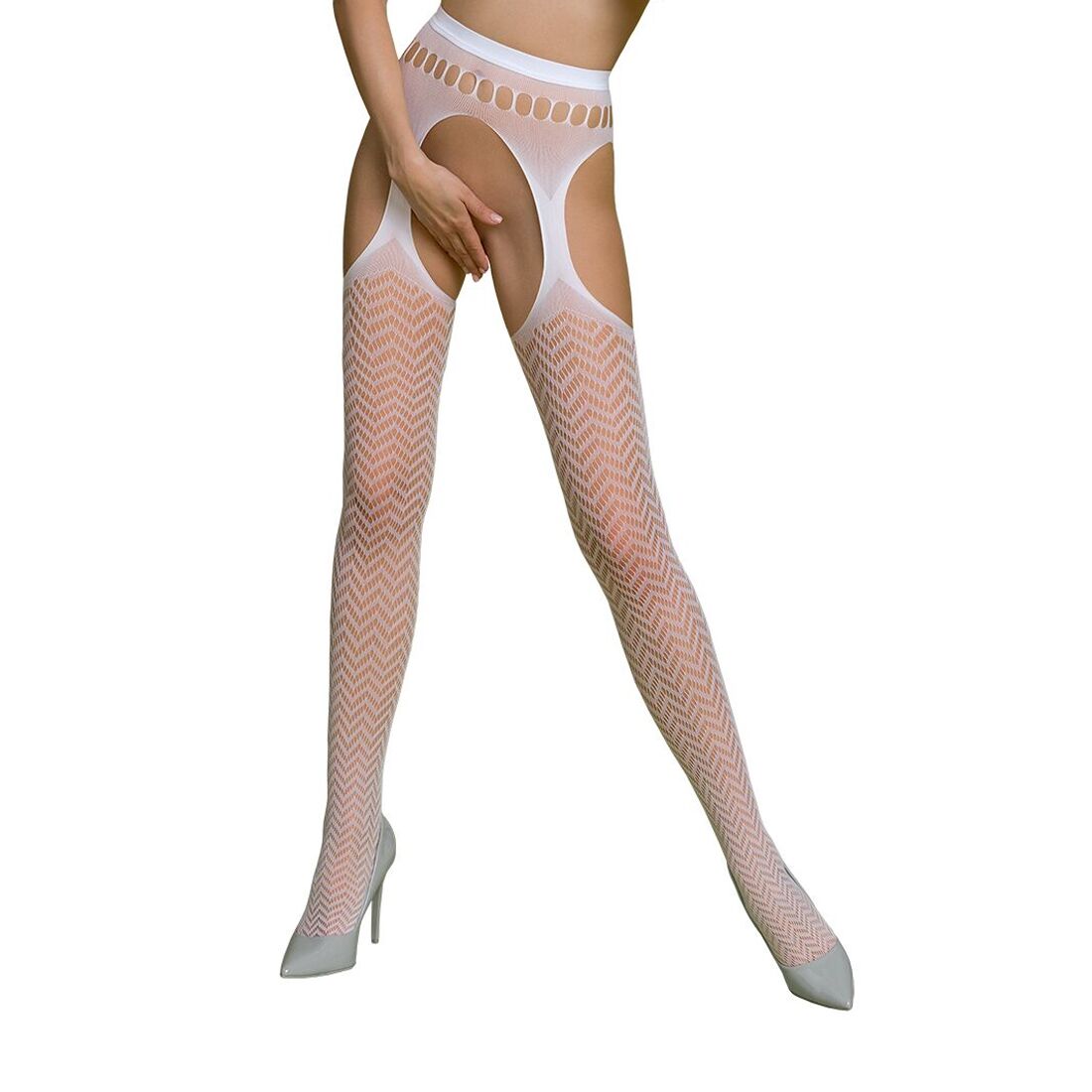 Erotic Bodystocking Tights Passion ECO S002 white, open crotch, geometric weave