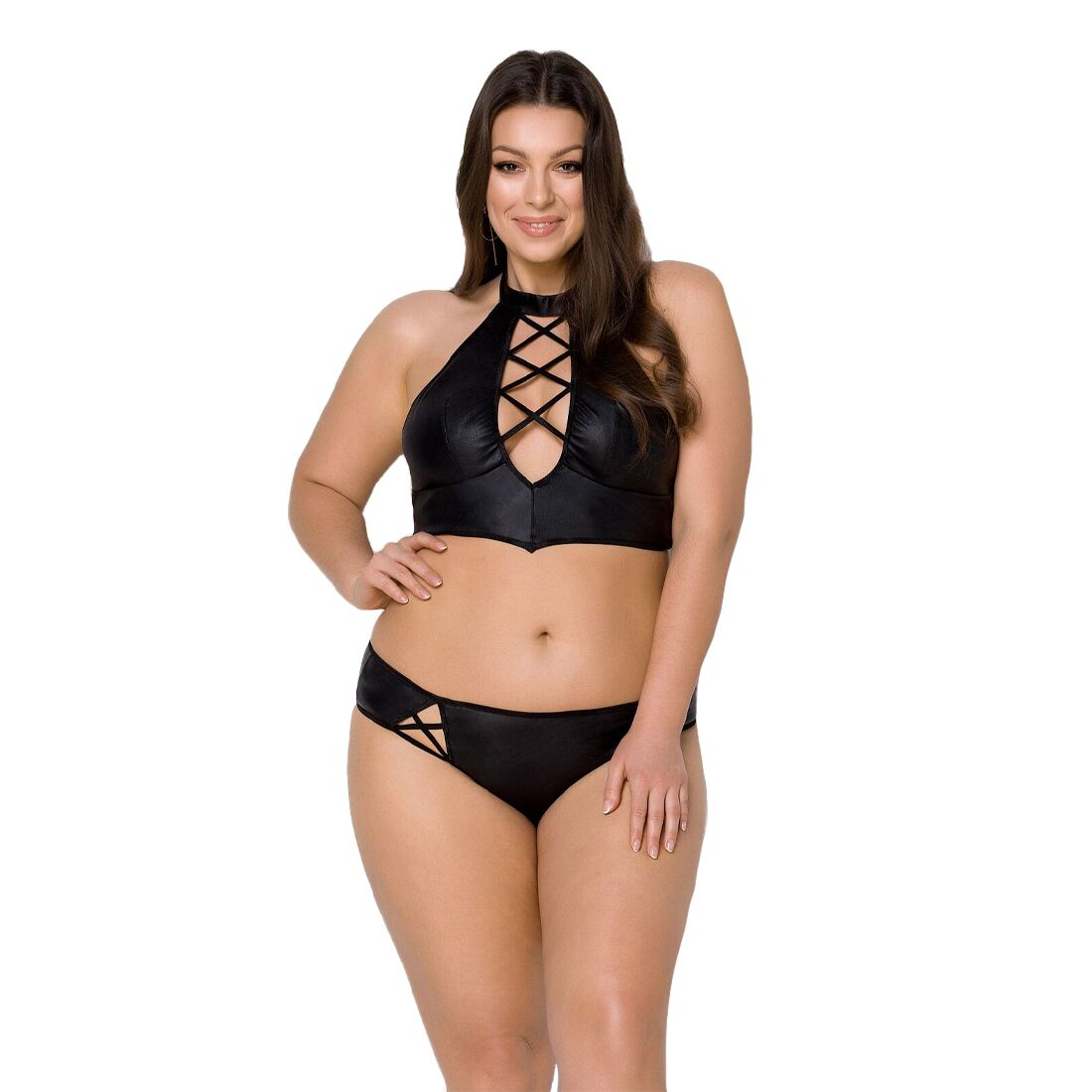 Eco-leather set Passion NANCY BIKINI 4XL/5XL black, bra and briefs with lace-up imitation