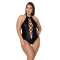 Eco-leather bodysuit Passion NANCY BODY 6XL/7XL black, with imitation lacing and open access