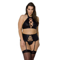 Eco-leather set Passion NANCY SET 6XL/7XL black, lace-up imitation, top, garter belt