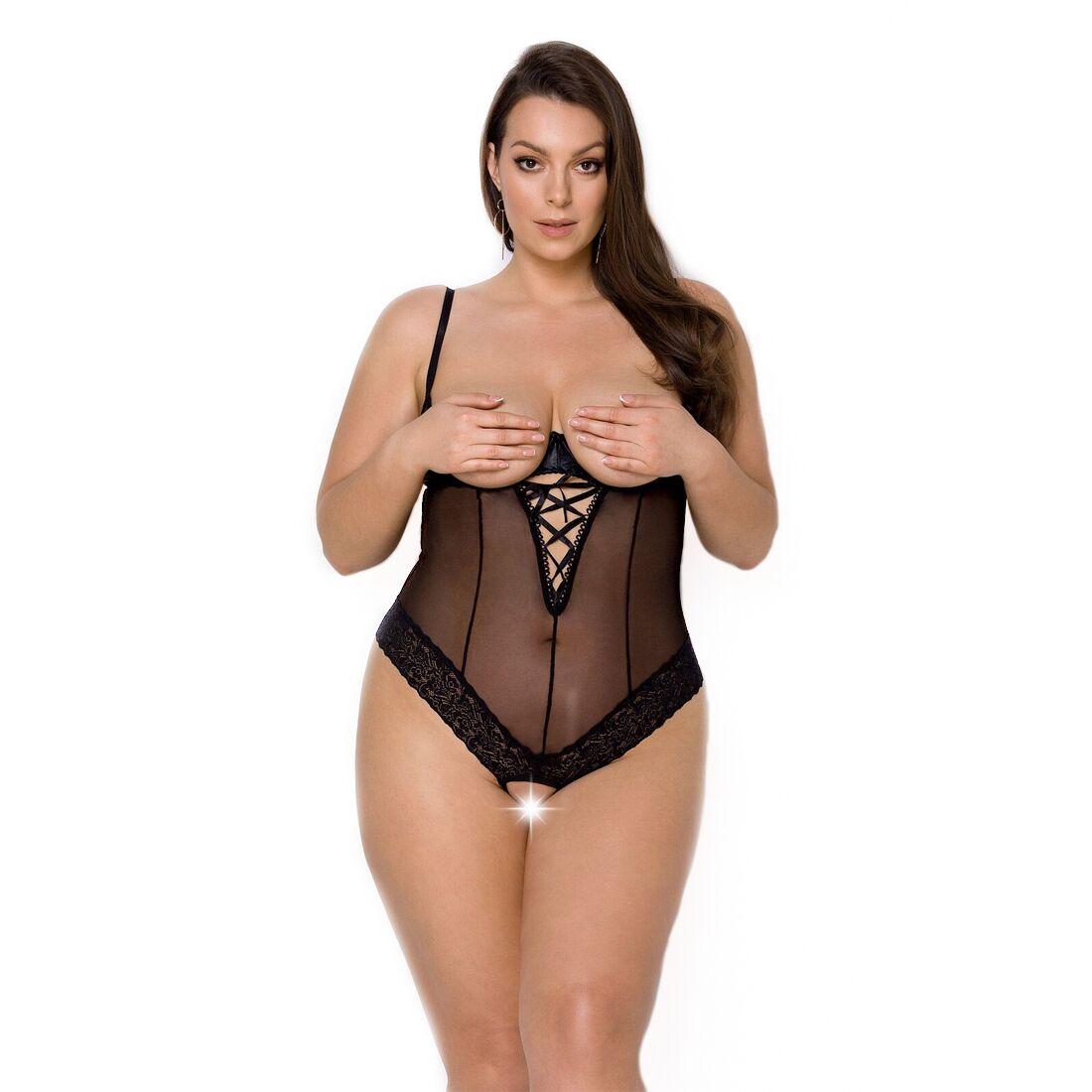 Bodysuit Passion Exclusive NORTH BODY 4XL/5XL black, open bust, with access, vinyl and lace