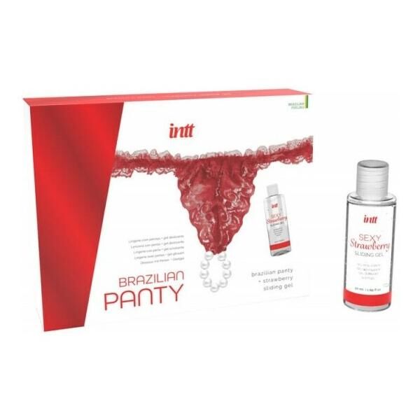 Intt BRAZILIAN PANTY RED set: elasticated panties S-XL with a pearl ring + strawberry lubricant