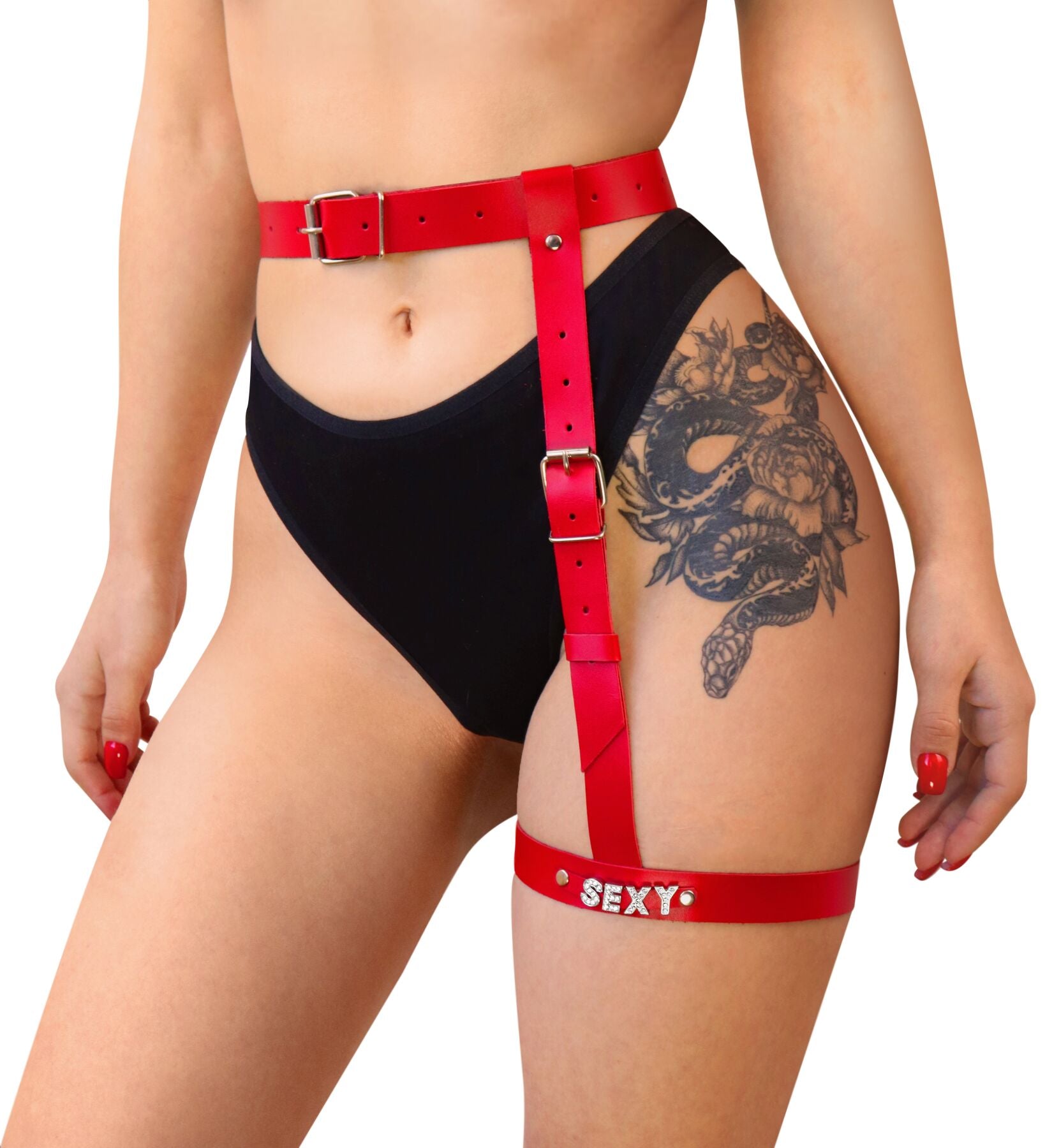 Art of Sex Naomi Leg Harness with SEXY lettering, genuine leather, size XS-2XL, red