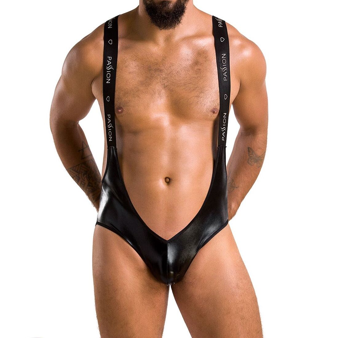 Men's Open Bodysuit Passion 027 BRUNO S/M Black, latex look, with straps