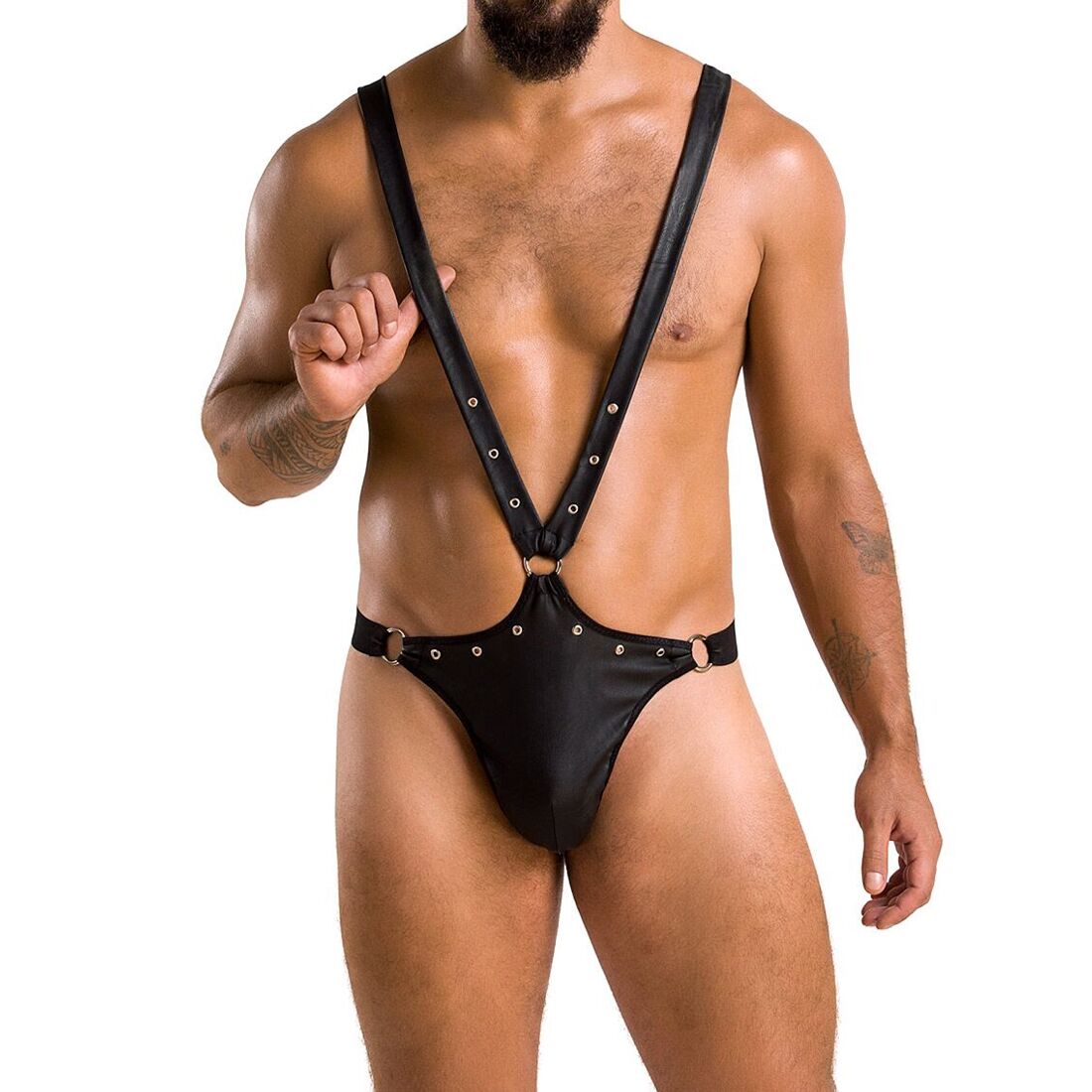 Men's Bodysuit with Eyelets Passion 028 HARRY S/M Black, eco-leather, with straps