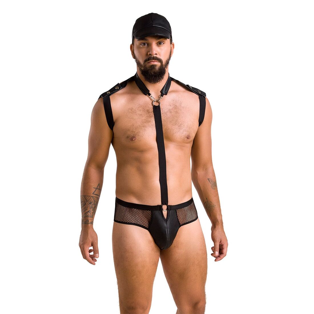 Passion 038 JOHN SET L/XL Black men's erotic lingerie set, bodysuit, cap