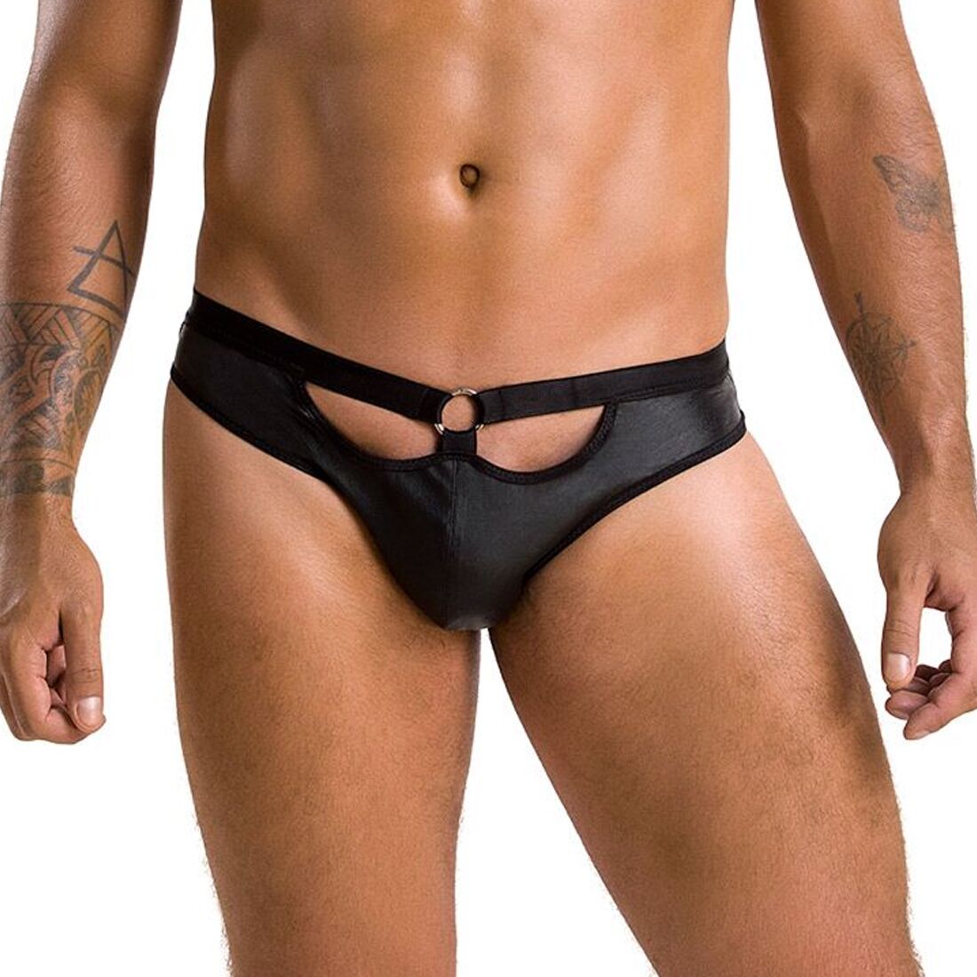 Men's slips with cutouts Passion 041 SLIP JOE S/M, Black eco-leather, open buttocks