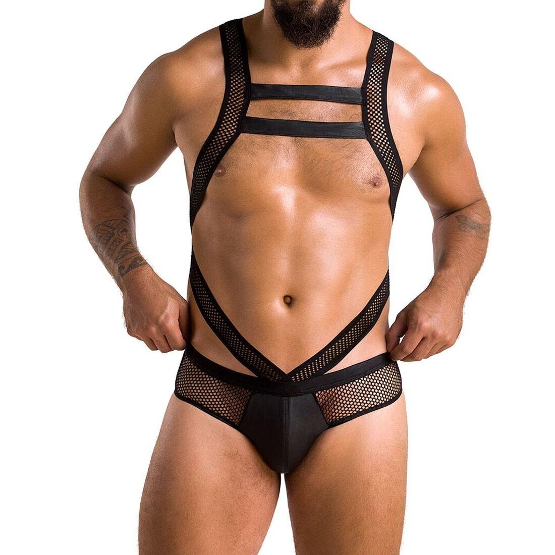 Men's erotic mesh bodysuit Passion 045 VICTOR S/M Black, eco-leather, mesh