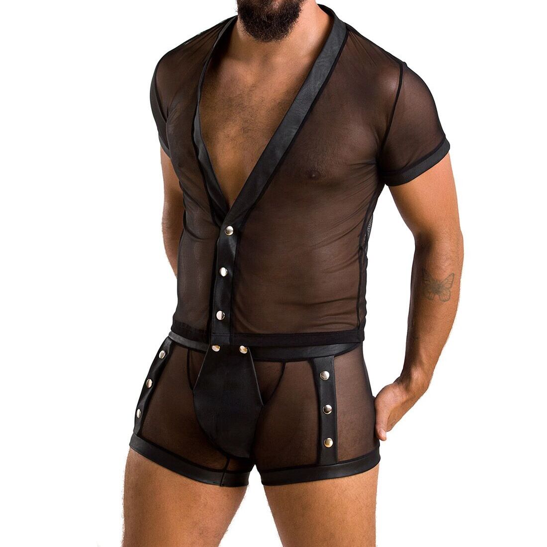 Men's Mesh Lingerie Set Passion 052 SET MICHAEL L/XL black, shirt, boxers, rivets