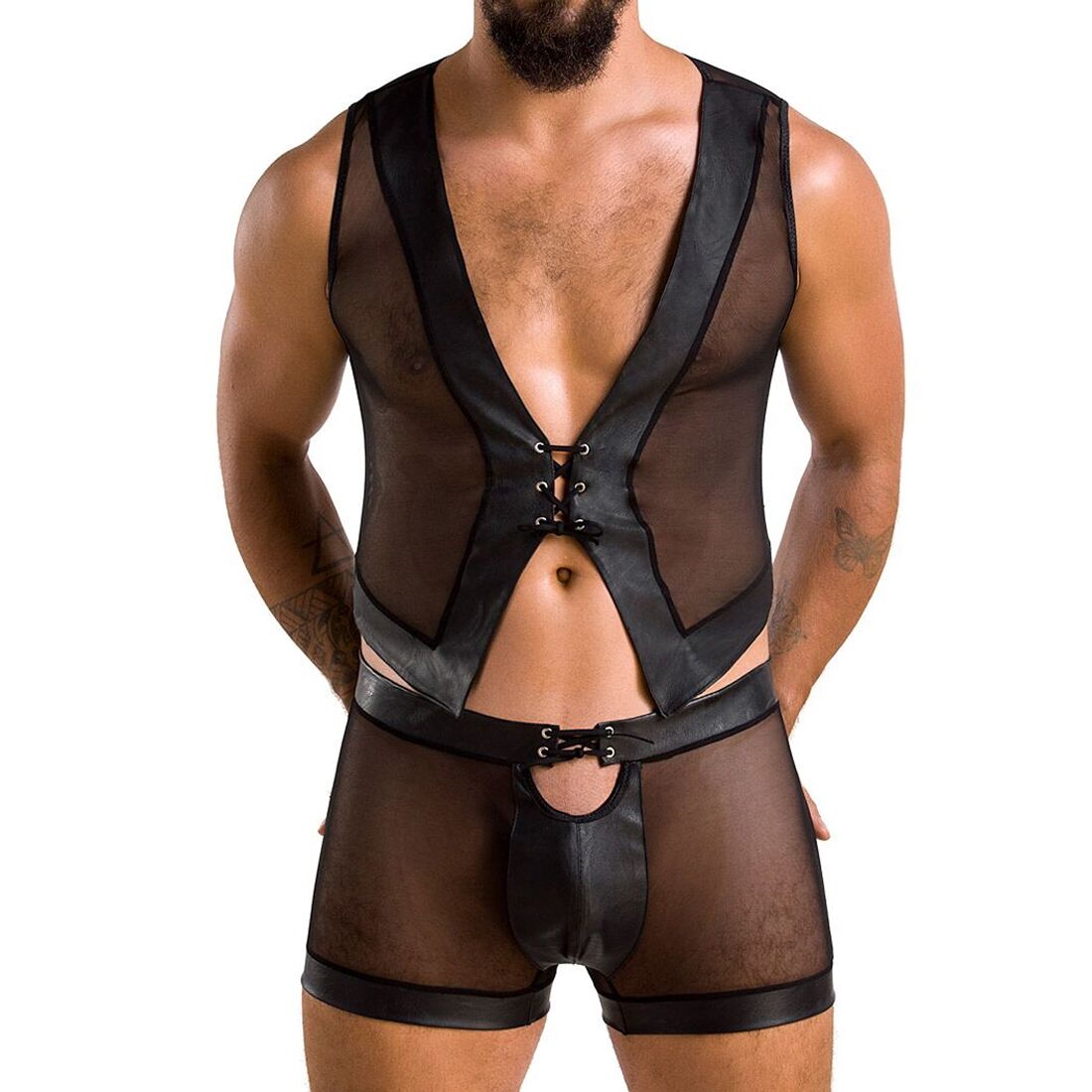 Men's Lace-up Lingerie Set Passion 053 SET WILLIAM L/XL Black, Vest, Boxers