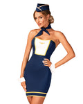 Erotic Stewardess Costume Obsessive Stewardess uniform M/L, blue, dress, pillbox hat, scarf, cuffs