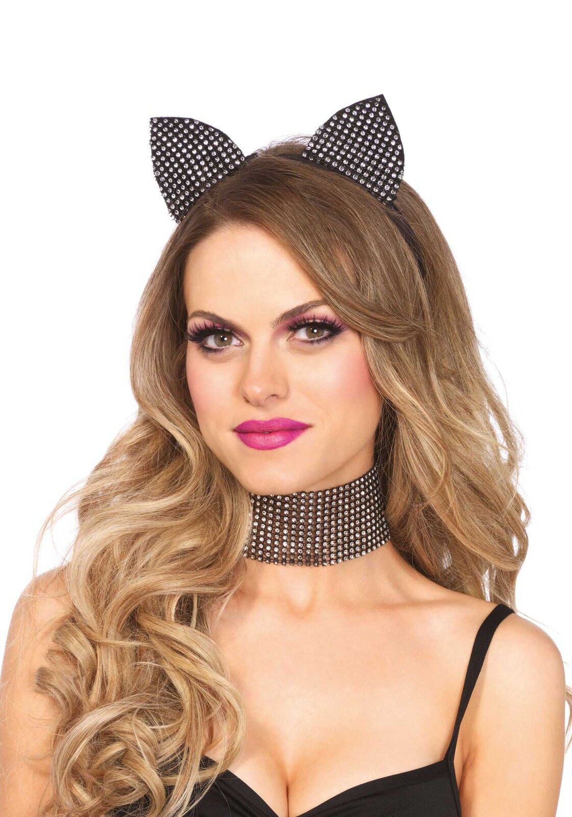 Leg Avenue Cat ear headband & choker set with rhinestones, wide choker and ears