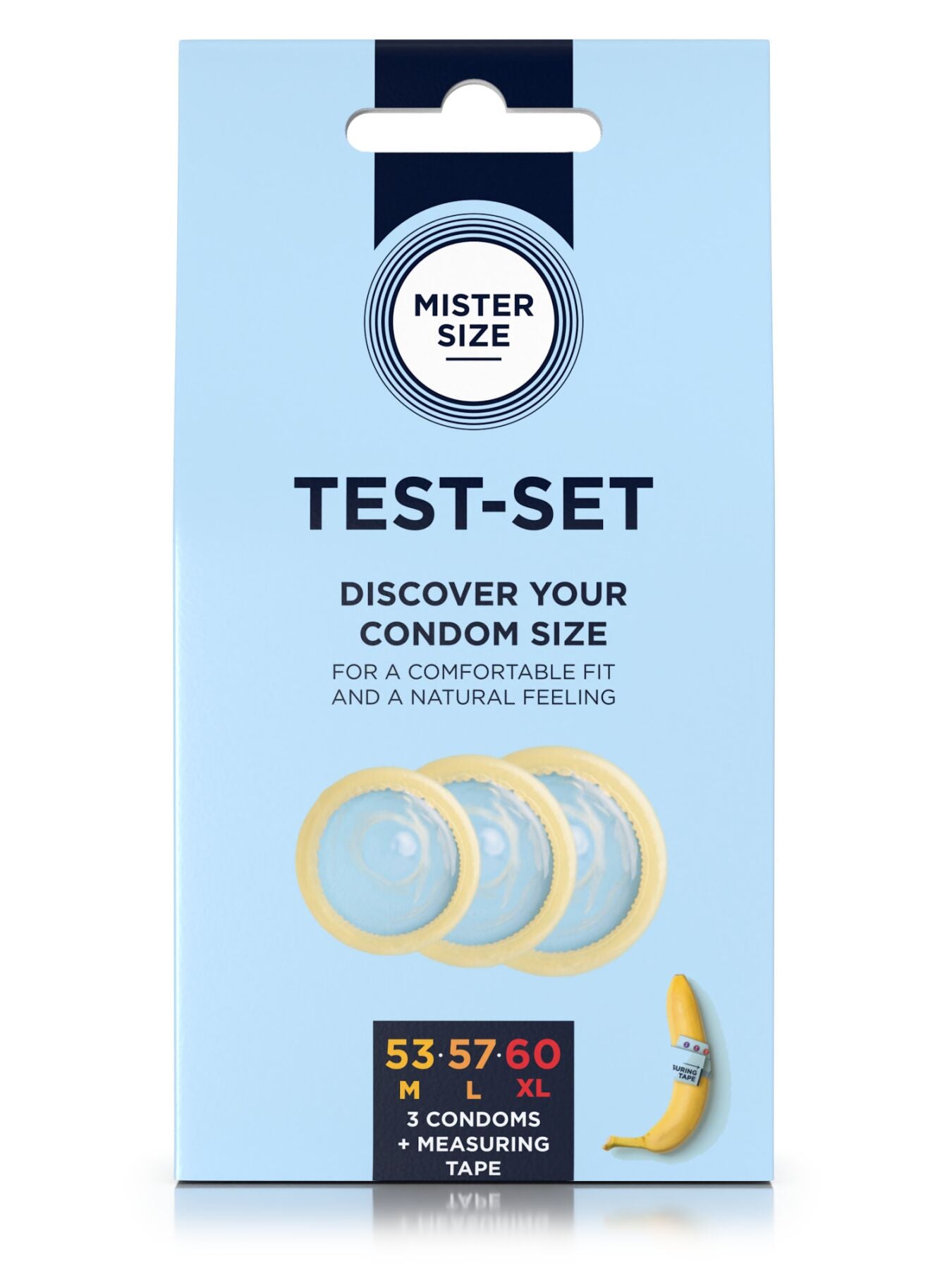 Mister Size test-set condoms 53–57–60, 3 sizes + ruler, 0.05 mm thickness