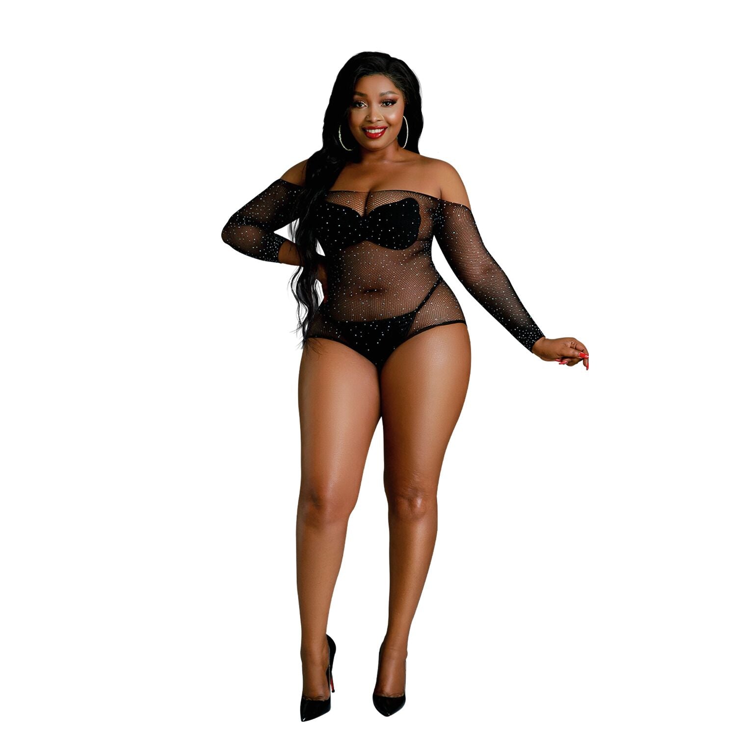 Moonlight Plus Model 09 XL-XXXL Black Mesh Bodysuit with Rhinestones, open shoulders